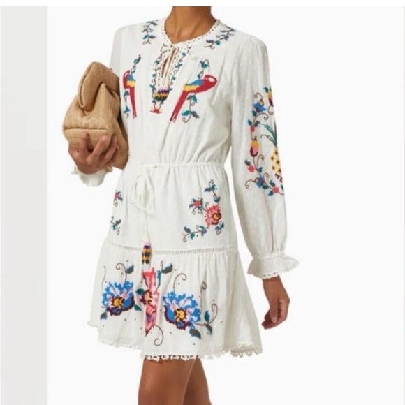 Farm Rio Macaw Cross Stitch Embroidered White Mini Dress- Size Small - Picture 2 of 16